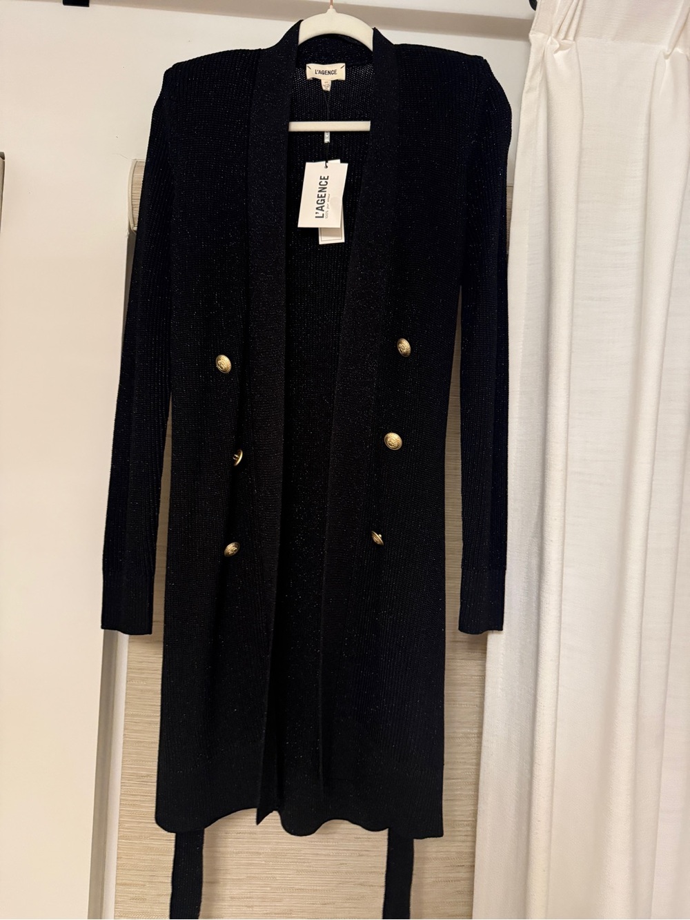 L'AGENCE Black Double-Breasted Long Cardigan with Gold Buttons